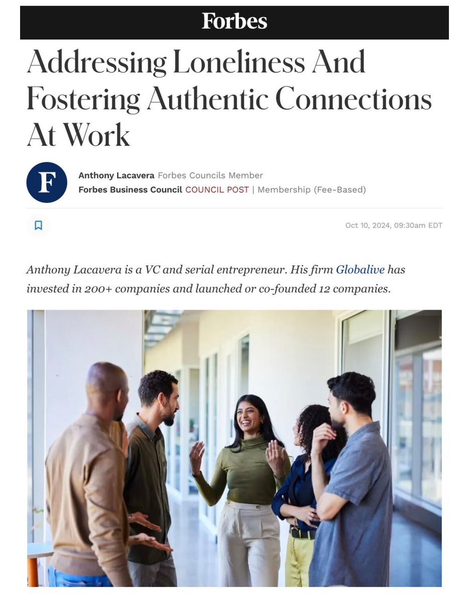 My latest contribution to <a href="/Forbes/">Forbes</a> is about relationships, the loneliness epidemic, and how we can foster authentic connections in the workplace.

You can read the full <a href="/ForbesBizCncl/">Forbes Business Council</a> article released this week here: hubs.li/Q02T09X40
