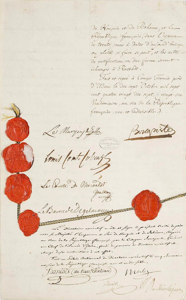 1792_1815's tweet photo. 18 octobre 1797 Signature du traité de #CampoFormio entre la république française (général #Bonaparte) et l’Autriche. Il conclut victorieusement la 1ère campagne d’Italie et met fin à la 1ère coalition débutée le 20 avril 1792. https://t.co/r55GriwdDP