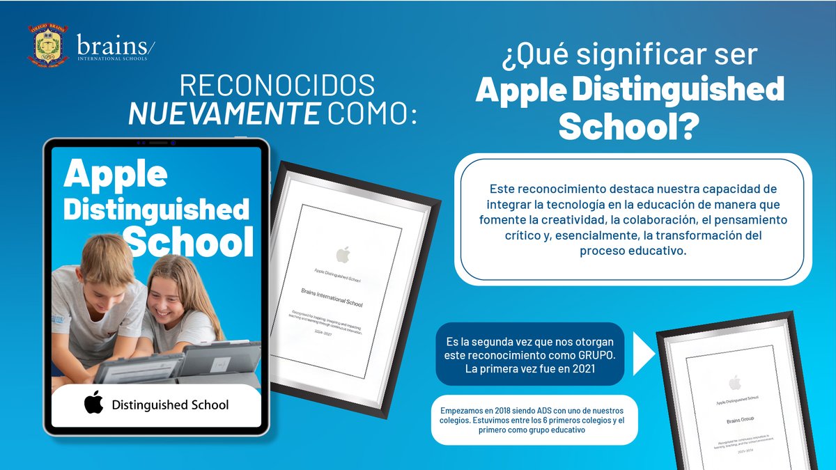 Colegio_Brains's tweet image. 🎉 ¡Nos enorgullece anunciar que el grupo Brains International Schools ha sido reconocido nuevamente como #AppleDistinguishedSchool! 🎉

Este logro reafirma nuestro compromiso con una educación innovadora que transforma el aprendizaje a través de la tecnología. En Brains, el iPad…