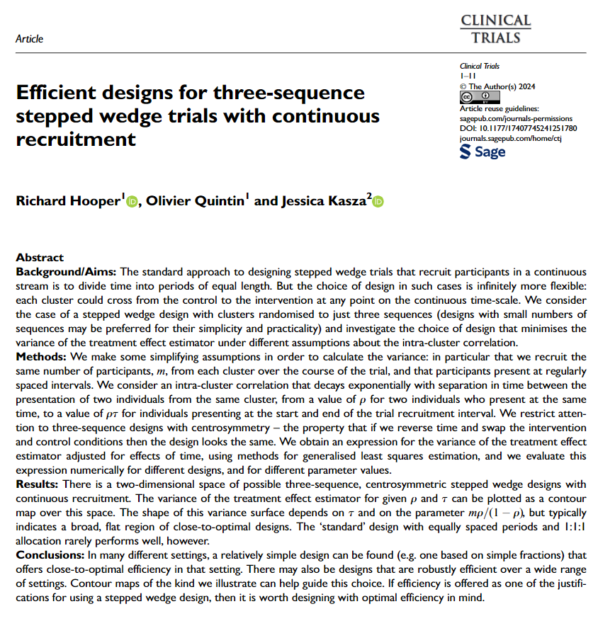 Colin Begg (@colinbbegg) on Twitter photo Richard Hooper and colleagues address the challenges of optimizing the design of stepped-wedge clinical trials in the context of trials where all clusters involve continuous recruitment, seeking simple designs that are close to optimal. <a href="/SCTorg/">SCTorg</a> <a href="/QMUL_WIPH_CEM/">QMUL Centre for Evaluation and Methods</a> <a href="/JessKasza/">Jessica Kasza</a> Richard Hooper and colleagues address the challenges of optimizing the design of stepped-wedge clinical trials in the context of trials where all clusters involve continuous recruitment, seeking simple designs that are close to optimal. <a href="/SCTorg/">SCTorg</a> <a href="/QMUL_WIPH_CEM/">QMUL Centre for Evaluation and Methods</a> <a href="/JessKasza/">Jessica Kasza</a>