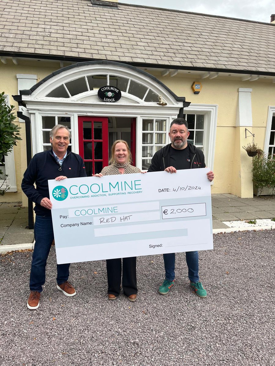 CoolmineTC's tweet photo. Coolmine would like to extend a heartfelt thank you to @Red Hat for their generous donation of €2,000 to Coolmine. A special thank you to Ivan Jennings and Robbie Byrne who took the time to come to Coolmine Lodge.

#Coolmine #RedHat #RecoveryIsSupport #GivingBack https://t.co/xhLipdjesl