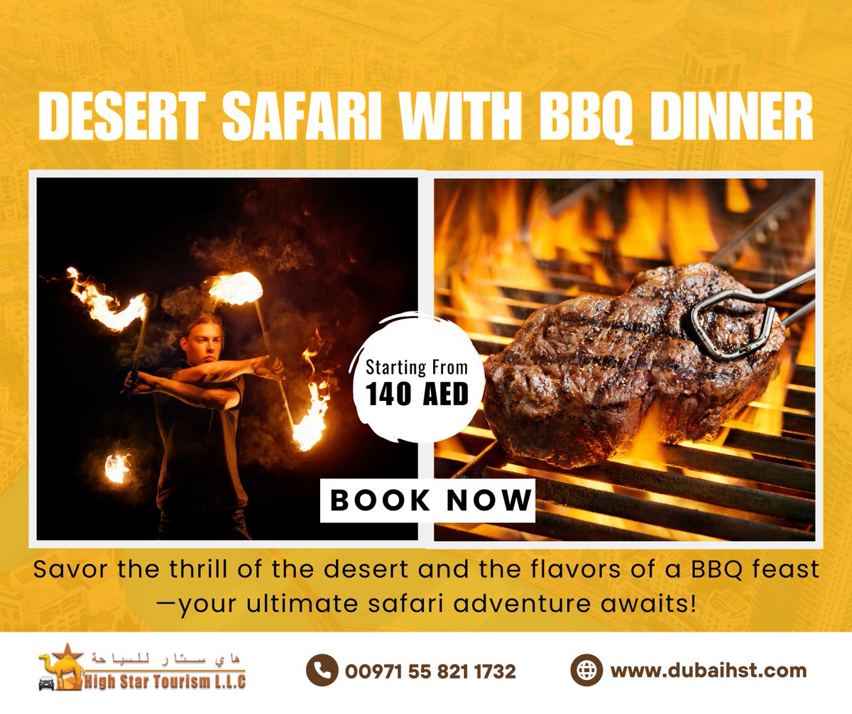 HighStarTourism's tweet photo. Join us for an unforgettable Desert Safari with BBQ Dinner! Thrill.
#DubaiHST #dubaihst #highstartourism #dubai #abrawatertaxi #camelridedubai #bbq #fireshow #dunebashing #quadbike #dubaicitytour #desertsafari https://t.co/CEK31SxFG3