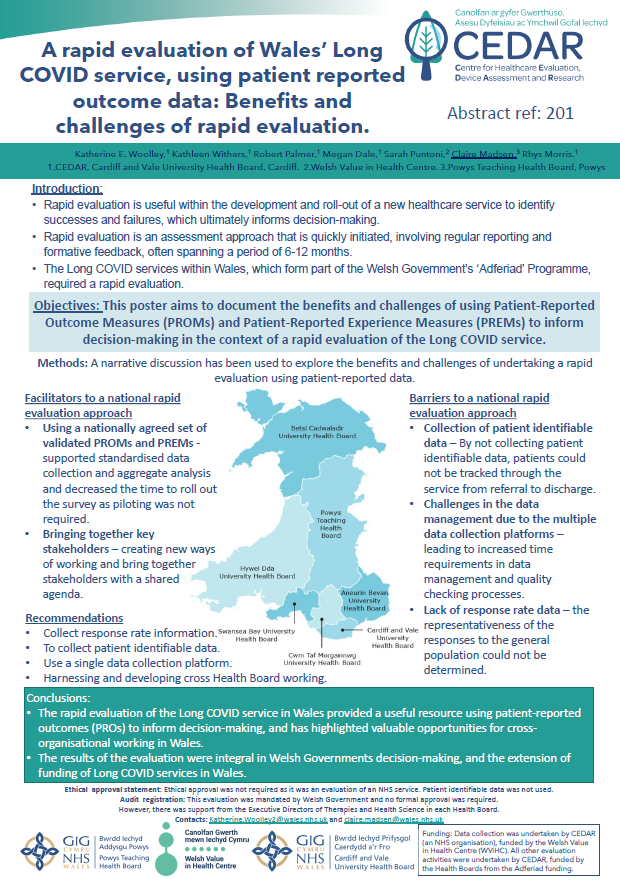 CEDAR (@cedar_cardiff) on Twitter photo Claire Madsen showcased our work at <a href="/thecsp/">Chartered Society of Physiotherapy (CSP)</a> conference last week! 👏
Our poster on 'A rapid evaluation of Wales' Long COVID service' highlights the benefits & challenges of using patient-reported outcome data – a project led by CEDAR and <a href="/Valuein_Health/">Welsh Value in Health Centre</a>. Claire Madsen showcased our work at <a href="/thecsp/">Chartered Society of Physiotherapy (CSP)</a> conference last week! 👏
Our poster on 'A rapid evaluation of Wales' Long COVID service' highlights the benefits & challenges of using patient-reported outcome data – a project led by CEDAR and <a href="/Valuein_Health/">Welsh Value in Health Centre</a>.