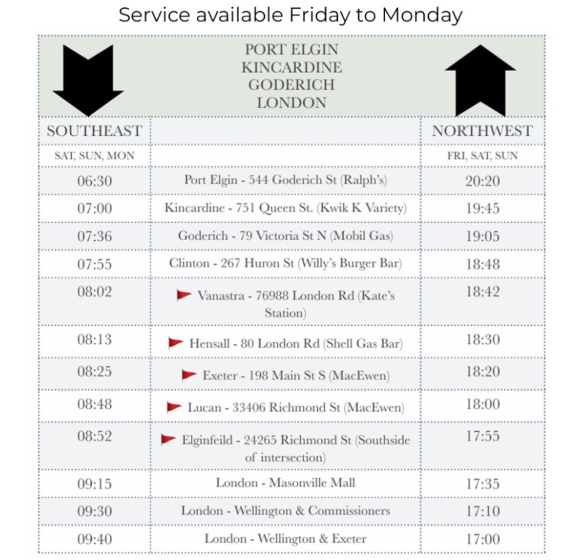 NEW transit service alert! OnexBus is launching new service between Port Elgin and London, running Friday through Monday. Buses will make stops in Kincardine, Goderich, and Clinton, as well as other smaller towns as flag stops. Service starts today