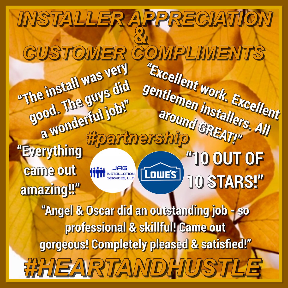 “Fall is here, hear the yell!”#thewhitestripes

JAG’s #happycustomers shout about our gifted #master #installers! We love to see these accolades: #outstanding, #professional, #gorgeous, #excellent, #skillful &amp; #satisfied. These are the yells we live for!