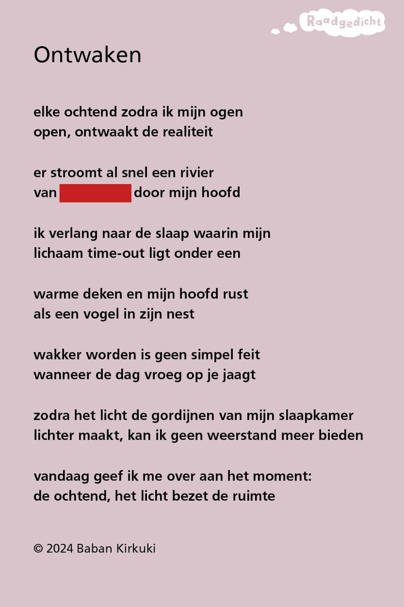 RAADGEDICHT! Week 8. Het raadgedicht 'Ontwaken’ van Baban Kirkuki staat online. * Graag invullen op de WEBSITE RAADGEDICHT en niet hier! * Ga naar raadgedicht.nl/ontwaken-baban… om mee te doen. Tot donderdag 16 uur kun je je oplossing insturen.