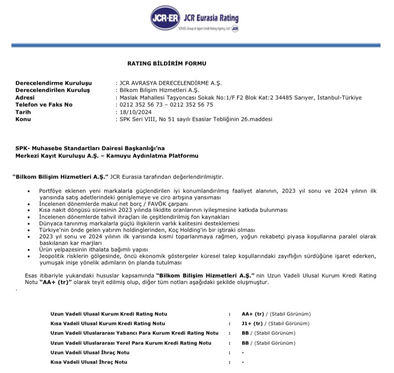 Bugün JCR Eurasia Rating <a href="/kocholding/">Koç Holding</a> bilişim şirketlerinden <a href="/Bilkom/">Bilkom</a>’un kredi notunu AA+ olarak teyit etti