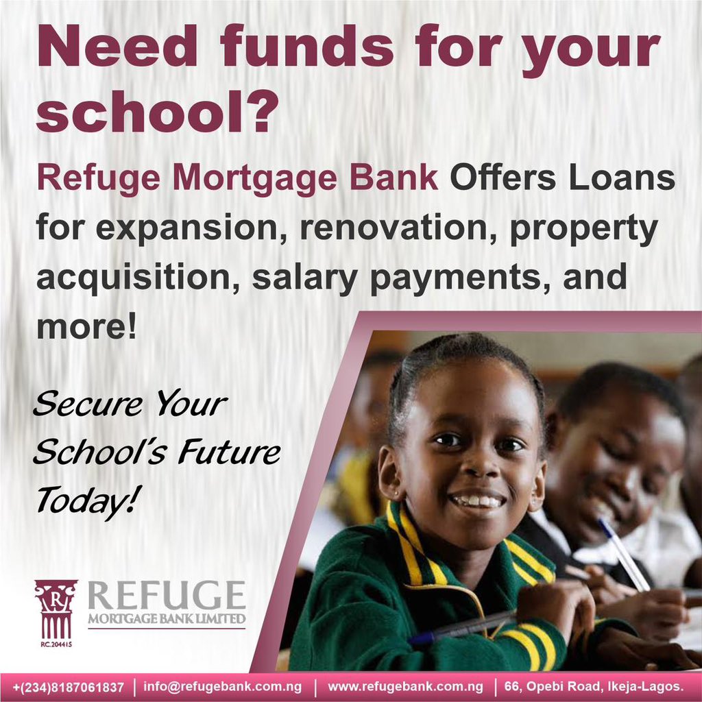 BankRefuge's tweet photo. School: Where dreams are nurtured and futures are shaped. The dreams of your school can come true with Refuge Mortgage Bank Loan scheme. Contact us today across our social media platforms and secure the future today!

#Loanscheme
#schoolvibesandgoodtimes
#Refugemortgagebank https://t.co/JbD3VvuqEa