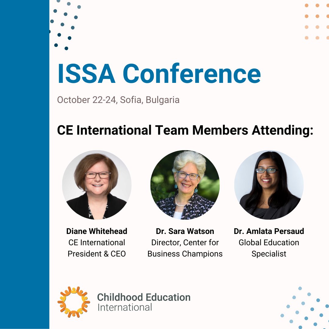 ChildhoodEdIntl's tweet image. Are you attending the #ISSAConference next week?

Members of CE International's team will be attending &amp;amp; presenting on:

🌎 Managing change in early childhood systems

💼 Mobilizing business leaders to advocate for systemic change