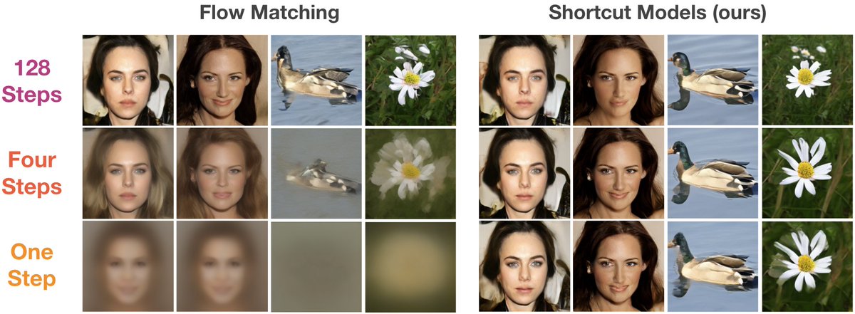 *Shortcut models* are a plug-and-play replacement for diffusion models that can generate in a single step (or more). This speeds up inference by up to 128x.

Shortcut models are trained end-to-end, and do not require a separate distillation phase or learning schedules.