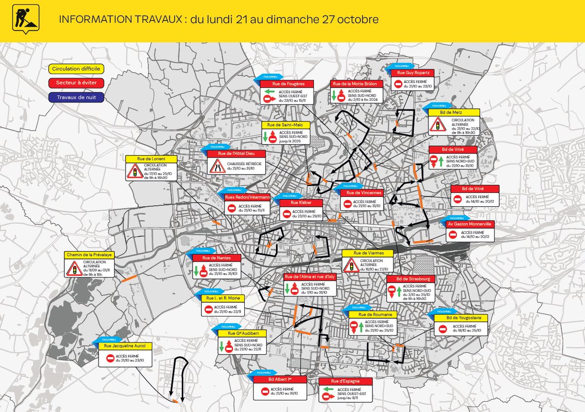 🔴🔴🔴[Circuler à #Rennes du 21/10 au 27/10] Une semaine très chargée en travaux s'annonce 🚧 
Consultez la météo des travaux > travaux.rennesmetropole.fr/meteo-travaux/