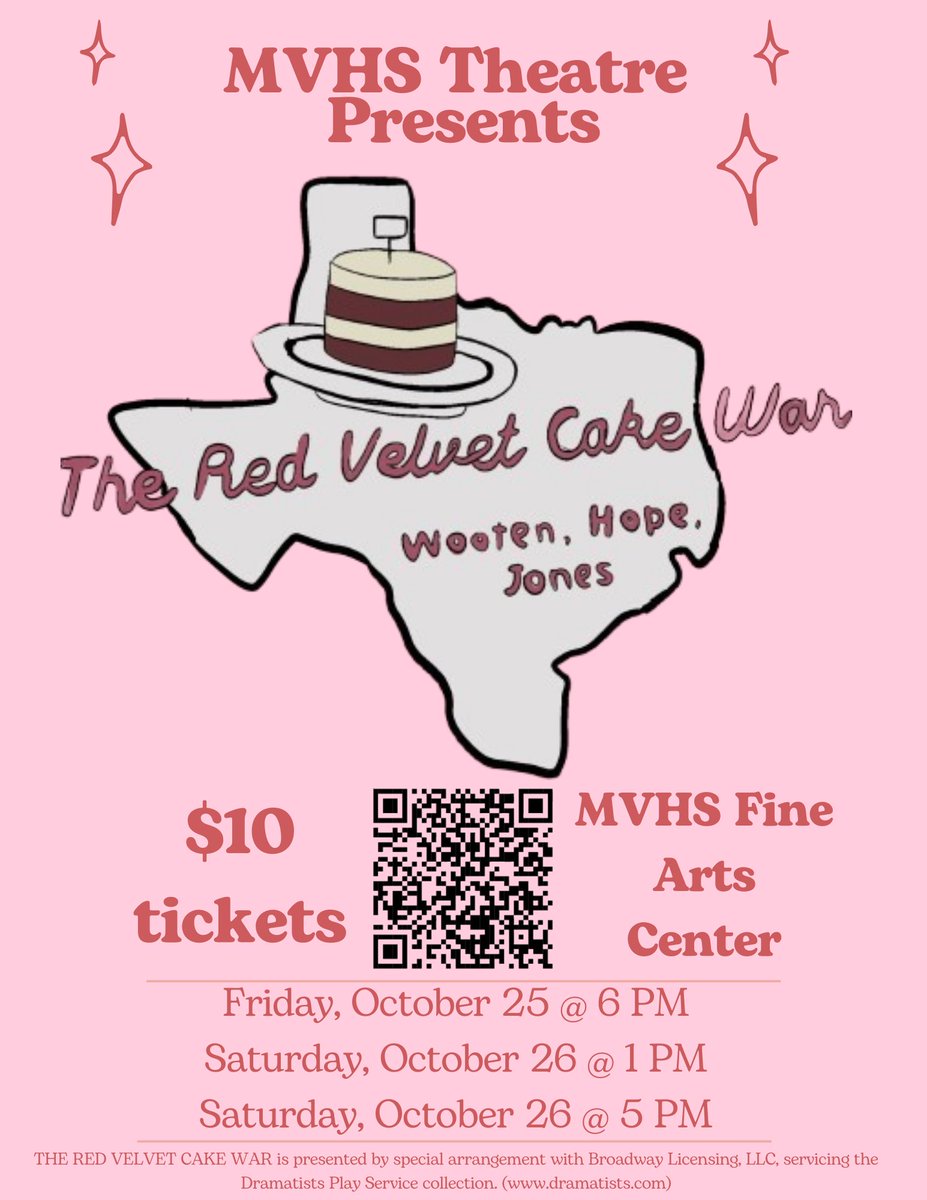 Enjoy a night out in support of the Medina Valley HS Theatre 🎭 as they perform The Red Velvet Cake War next week! 🍰 Shows will be held at the Fine Arts Center on Friday, October 25 through Saturday, October 26. To purchase tickets you can scan the QR code in the flyer.