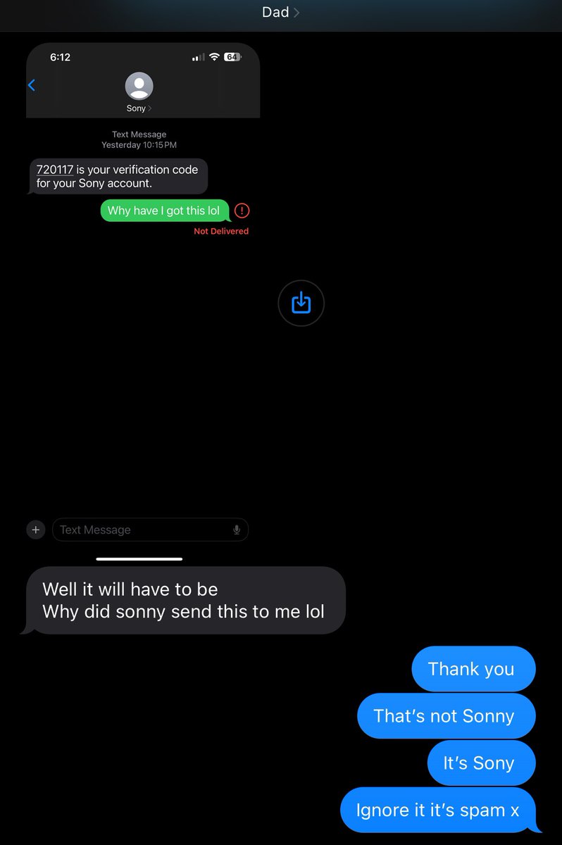 GDines's tweet image. Bless illiterate Dad’s texting. For context, my bf is called Sonny 🤣