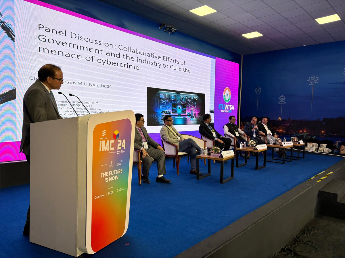 DoT_India's tweet image. @DoT_India led panel discussion on efforts of the Government and the Industry to curb the menace of cybercrime. 
#ITUWTSA #IMC2024