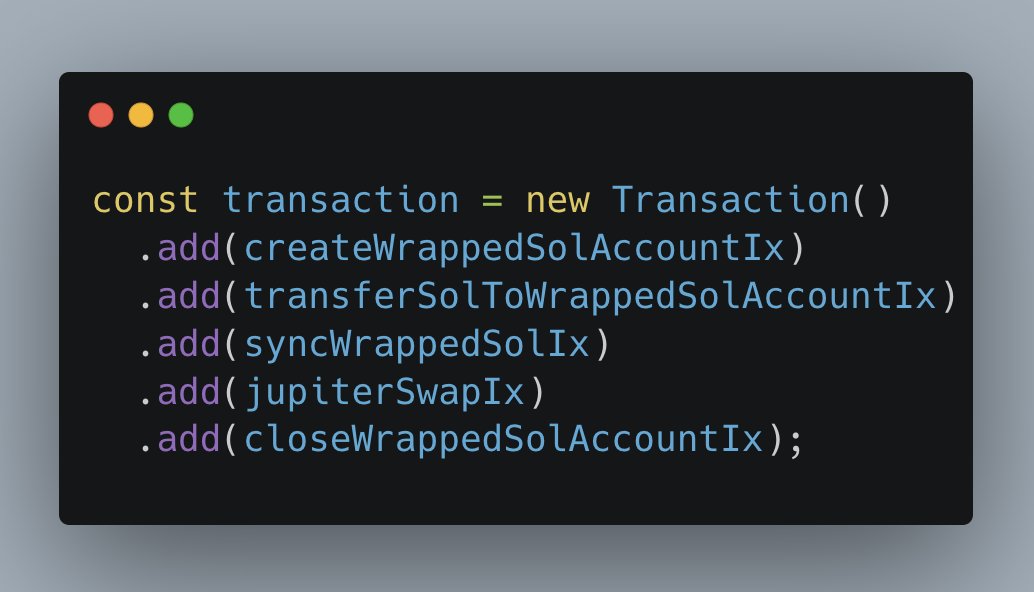 Solana's cross-program calling semantics are clunky, but its transaction-building interface is underrated.

With a comprehensive set of deployed programs, most devs will never need to write on-chain code.

Stacking atomic actions on the client side is the correct abstraction.