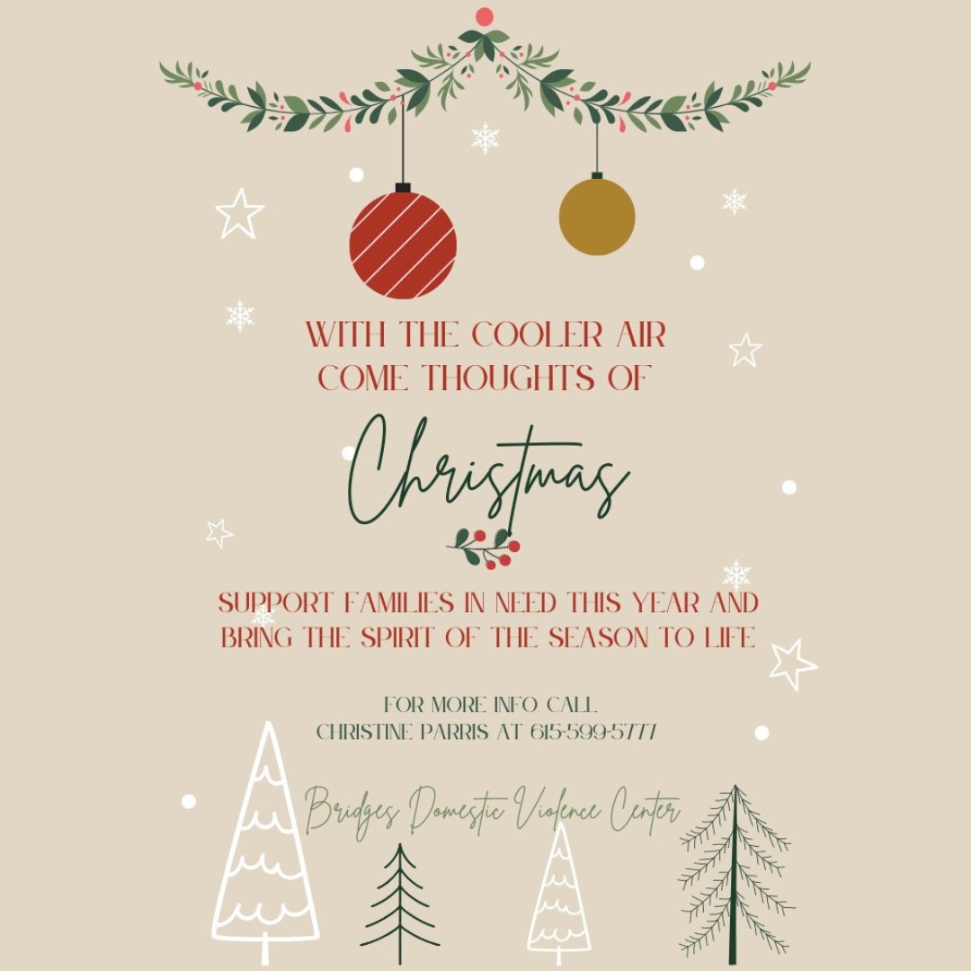 BridgesDVC's tweet image. As the holidays approach, let’s come together to support families in need. Help bring the spirit of the season to life by making a difference in the lives of survivors. Contact Christine Parris at 615-599-5777 to learn how you can help. 🎄💜 #SupportSurvivors #BridgesDVC