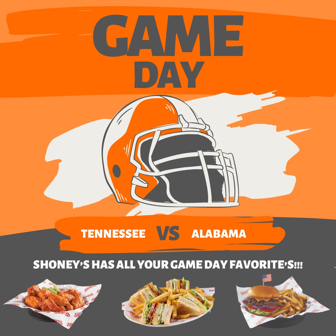 ShoneysEastTN's tweet image. 🏈🔥 It&apos;s a game you don&apos;t want to miss: Tennessee vs. Alabama! Need something for one of the most important tailgates of the year? Stop by Shoney&apos;s for 24 wings at just $19.99! Let’s make this tailgate epic! 🍗🎉 #GoVols #TailgateTime