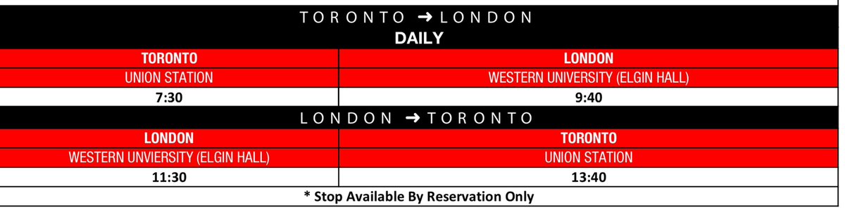NEW transit service alert! Red Arrow has launched new non-stop service between Toronto Union and London Western University. Buses run 1 round trip per day. This replaces Red Arrow service which ran to Niagara Falls. Tickets start at $20 each way. Additional stops planned soon