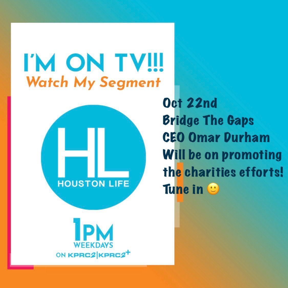 Bridge The Gaps is excited to announce we'll be a feature on KPRC's Houston Life! Join us on October 22nd at 1pm CST for the Houston Life segment...If ya'll know our Founder and CEO, YOU KNOW this will be a great time! #kprchouston #kprc #houstonlive #kprchoustonlive #Btg4youth