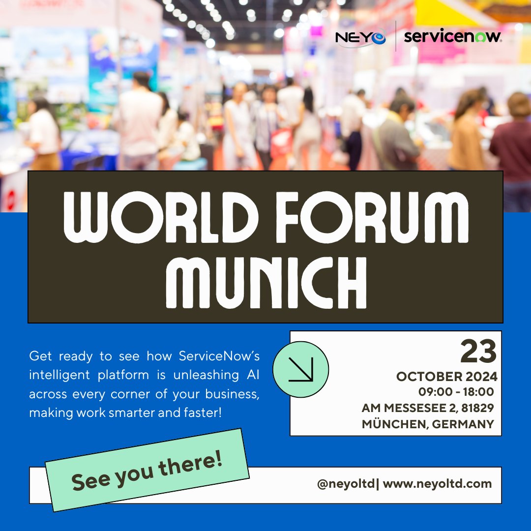 neyoltd's tweet photo. We’re coming in hot! Ready to see how ServiceNow’s AI 🤖 is about to shake things up? We're bringing the energy⚡, the tech, and all the cool vibes – can’t wait to see you there! 
 
#AIInAction #ServiceNowMagic #EventVibes #ServiceNowWorldForum #Neyo https://t.co/yfWQhswwBT