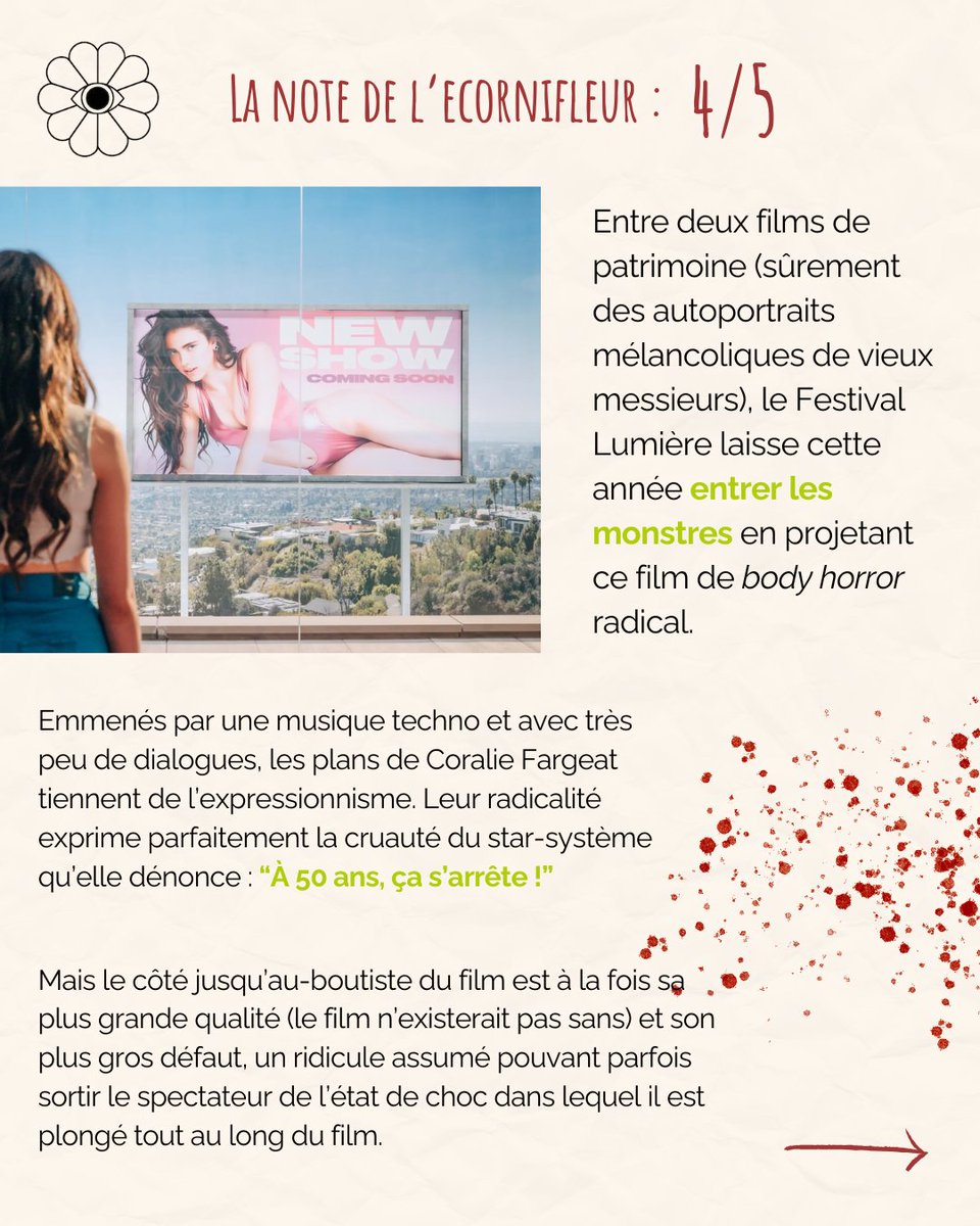 Bristlecondugg's tweet photo. Thread :🩸The Substance, un bol de sang frais 🩸

Après avoir fait sensation à Cannes, L'Ecornifleur est allé voir #TheSubstance en avant-première mercredi soir. 
Retrouvez la critique de @tsallembien sous ce post, avant d'aller voir le film dès le 6 novembre.

1/2 https://t.co/NXQQO9osHH