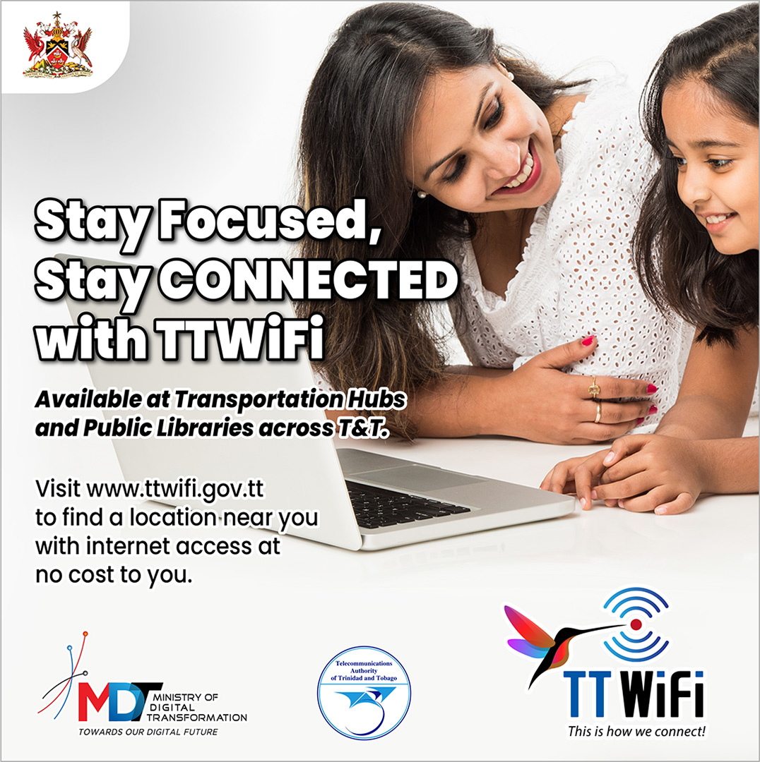 MDT_TT's tweet photo. Stay focused and connected with TTWiFi, available at transportation hubs and public libraries across T&T!
Visit https://t.co/v5fDzVTulk to find a location near you with internet access at no cost to you.
#StayConnected #DigitalTransformation #TTWiFi https://t.co/fTHsqVq0Oj
