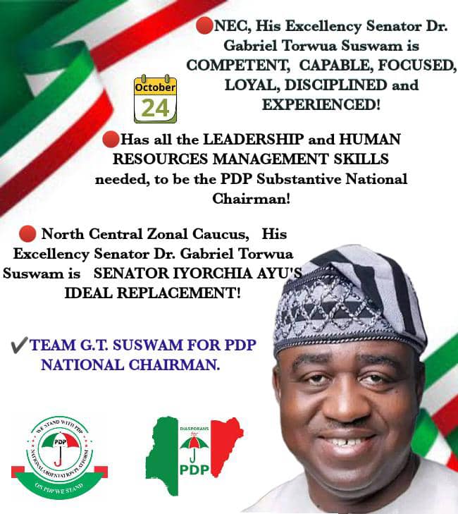 ADCglobalnet's tweet photo. #HESGTSUSWAM
It is time to move PDP FORWARD with His Excellency SENATOR GABRIEL TORWUA SUSWAM as PDP Substantive National Chairman!
#Suswam
#PDPNationalChaiman
#MovingPDPForward
#TheTimeIsNow
#HESGTSUSWAM https://t.co/M9v1adSoci