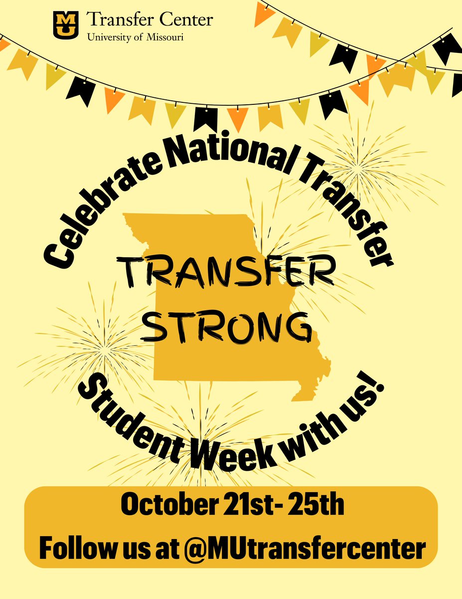 MUTransferCTR's tweet image. We can’t wait to celebrate Mizzou’s transfer students next week during National Transfer Student Week! There are events all week, so come check them out! #transferstrong #mizzou