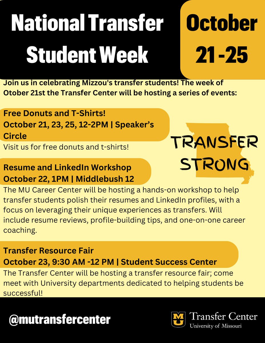 MUTransferCTR's tweet image. We can’t wait to celebrate Mizzou’s transfer students next week during National Transfer Student Week! There are events all week, so come check them out! #transferstrong #mizzou