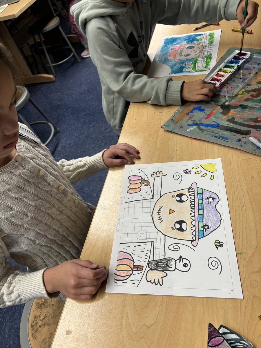 2nd grade artists painting their scarecrows 🐦‍⬛ 🎨 <a href="/mrfreygould/">Andrew Frey-Gould</a> <a href="/OaksSchool3/">Oaks School #3</a>