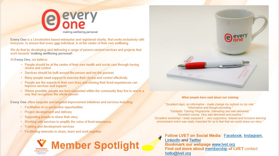 This week's Member in the Spotlight 🔦is... @everyonelincolnshire !  Coproduction and personalisation is at the core of their being. This charity runs multiple projects to ensure the voice of the people is heard and acknowledged in health and care! Brilliant! #vcfse #lvetmembers