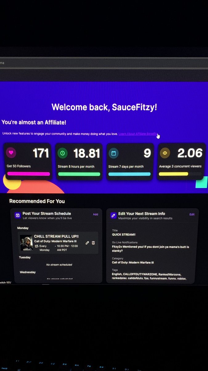 SauceFitzy's tweet photo. I’m tryna hit affiliate come follow and support ya boy I’m so close🙏 #twitch https://t.co/vxSVJC70bq