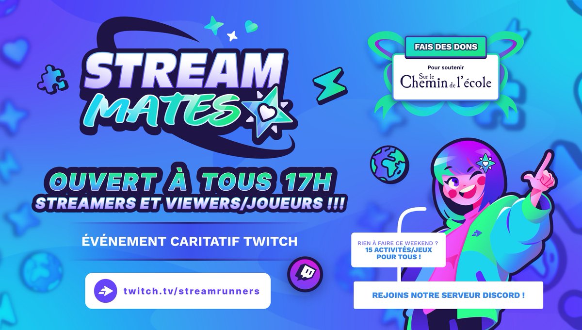 StreamMates c'est aujourd'hui à 17h !
Voici un thread avec TOUTES les infos nécessaires pour l'événement 🎮👇

🔄 Partagez-le pour prévenir vos amis et tous les joueurs en quête d'activités funs ce week-end, avec des lots à la clé !