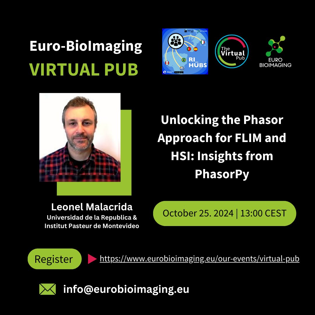 Euro-BioImaging ERIC (@eurobioimaging) on Twitter photo We are delighted to host Leonel Malacrida <a href="/MalacridaLab/">Leonel Malacrida</a> at the #EuroBioImaging #VirtualPub!
Join us for his talk "Unlocking the Phasor Approach for FLIM and HSI: Insights from PhasorPy."
All are welcome!
🗓Friday, October 25 at 13:00 CEST
🔗Register here 🔽 We are delighted to host Leonel Malacrida <a href="/MalacridaLab/">Leonel Malacrida</a> at the #EuroBioImaging #VirtualPub!
Join us for his talk "Unlocking the Phasor Approach for FLIM and HSI: Insights from PhasorPy."
All are welcome!
🗓Friday, October 25 at 13:00 CEST
🔗Register here 🔽