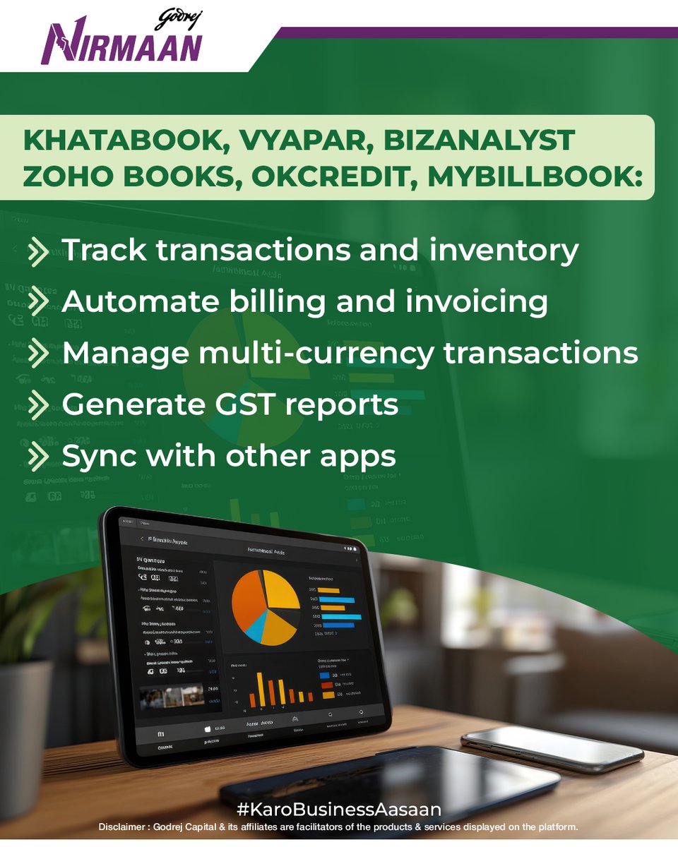 Nirmaan_GC's tweet photo. Small business ki badi financial needs ka solution hai digital financial tools. ​

Banao apni saari financial activities digital aur #karobusinessaasaan

#GodrejNirmaan #Nirmaan #DigitalTools #Khatabook #Financing #Transactions https://t.co/6Sw3uvC4db