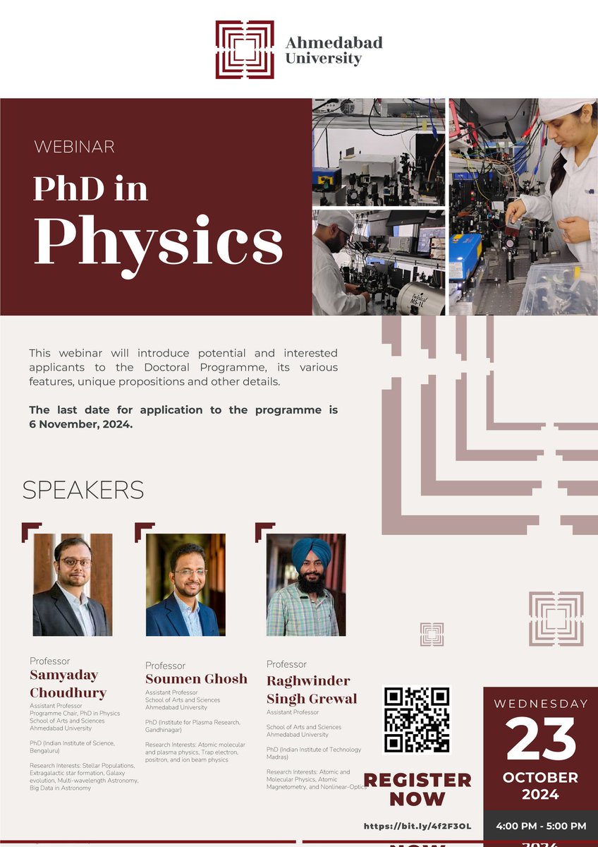 Samyaday's tweet photo. PhD physics @AhdUniv provides an opportunity to work on frontier areas of physics/ interdicplinary projects/ National &amp; Intl. collabs. Prospective scholars, do join us next Wed (23Oct) to learn about our PhD. programme &amp; financial assistance. 😊✌️ https://t.co/CBymkw0FEU