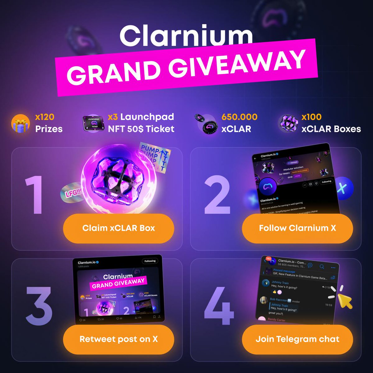clarnium_io's tweet photo. 💰  GRAND GIVEAWAY from Clarnium Launchpad: 120 Prizes, 3 LaunchPad NFT 50$ Ticket + 650.000 xCLAR + 100 xCLAR Boxes! 💰

Here’s what you can win

🥇 1st Place — LaunchPad NFT $50 + 100,000 xCLAR + 30 xCLAR Boxes
🥈 2nd Place — LaunchPad NFT $50 + 75,000 xCLAR + 20 xCLAR Boxes
🥉 3rd Place — LaunchPad NFT $50 + 50,000 xCLAR + 10 xCLAR Boxes
🏅 4th Place — 40,000 xCLAR + 7 xCLAR Boxes
😎 5th Place — 30,000 xCLAR + 5 xCLAR Boxes
🍞 6th Place — 20,000 xCLAR + 3 xCLAR Boxes
🙃 7th-20th Places — 10,000 xCLAR + 2 xCLAR Boxes
💞 21st-50th Places — 5,000 xCLAR

How to Enter

✅ Play Clarnium game and get bonus xCLAR Box & 1000 xCLAR — https://t.co/cAlEkDTJPn
✅ Follow us X — https://t.co/vO4TM8eoLx
✅ Retweet this post on X —https://t.co/YWYmD12G4W
✅ Join our Telegram chat — https://t.co/Vi2s6aKLgn

Secret bonus

Find the 🦝 raccoon on the 🚀 rocket on this page https://t.co/e52wVYlVub and click it to unlock a secret bonus after the giveaway.

Winners will be chosen at random from those who complete all tasks. ⚠️

🗓 Results will be announced on 25.10.2024

More About the Prizes ⬇️

⭐️ $50 NFT Launchpad Ticket — Allocation of $50 for Launchpad sales.
🎁 xCLAR Box — Each box contains 1,000 to 5,000 xCLAR.
💎 xCLAR Tokens — Exchange xCLAR for $CLAR tokens soon after TGE.

Good Luck, fam! 🍀