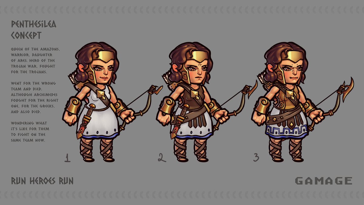 gamagegg's tweet photo. Meet the heroes, this is Penthesilea!
Queen of the Amazons and a warrior, daughter of Ares. A hero of the Trojan War, she fought for the Trojans. She chose the wrong side and perished. Although Archimedes fought for the right side, the Greeks, and also died. It’s interesting to imagine how it feels for them to fight on the same team now.

More scetches on Patreon:
https://t.co/g9zFfJ4vxe 

#art #indiegame #gamedev