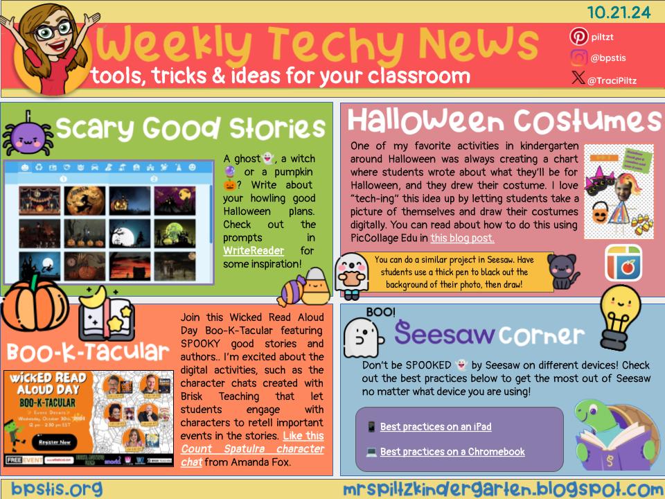 Traci Piltz 💛✨ (@tracipiltz) on Twitter photo 📰Weekly Tech-y News📰
🎃Scary good stories in <a href="/WriteReaderApp/">WriteReader.com</a>
👻Halloween costumes in <a href="/PicCollage/">PicCollage</a> EDU
📗Boo-K-tacular read alouds w activities like <a href="/briskteaching/">Brisk Teaching</a> character chat thanks to <a href="/AmandaFoxSTEM/">Amanda Fox ✈️Cincy✈️Vegas ✈️ Palo Alto ✈️ATL</a>
💜<a href="/Seesaw/">Seesaw</a> best practices on iPads & Chromebooks
➡️bit.ly/3UdRNKA⬅️ 📰Weekly Tech-y News📰
🎃Scary good stories in <a href="/WriteReaderApp/">WriteReader.com</a>
👻Halloween costumes in <a href="/PicCollage/">PicCollage</a> EDU
📗Boo-K-tacular read alouds w activities like <a href="/briskteaching/">Brisk Teaching</a> character chat thanks to <a href="/AmandaFoxSTEM/">Amanda Fox ✈️Cincy✈️Vegas ✈️ Palo Alto ✈️ATL</a>
💜<a href="/Seesaw/">Seesaw</a> best practices on iPads & Chromebooks
➡️bit.ly/3UdRNKA⬅️