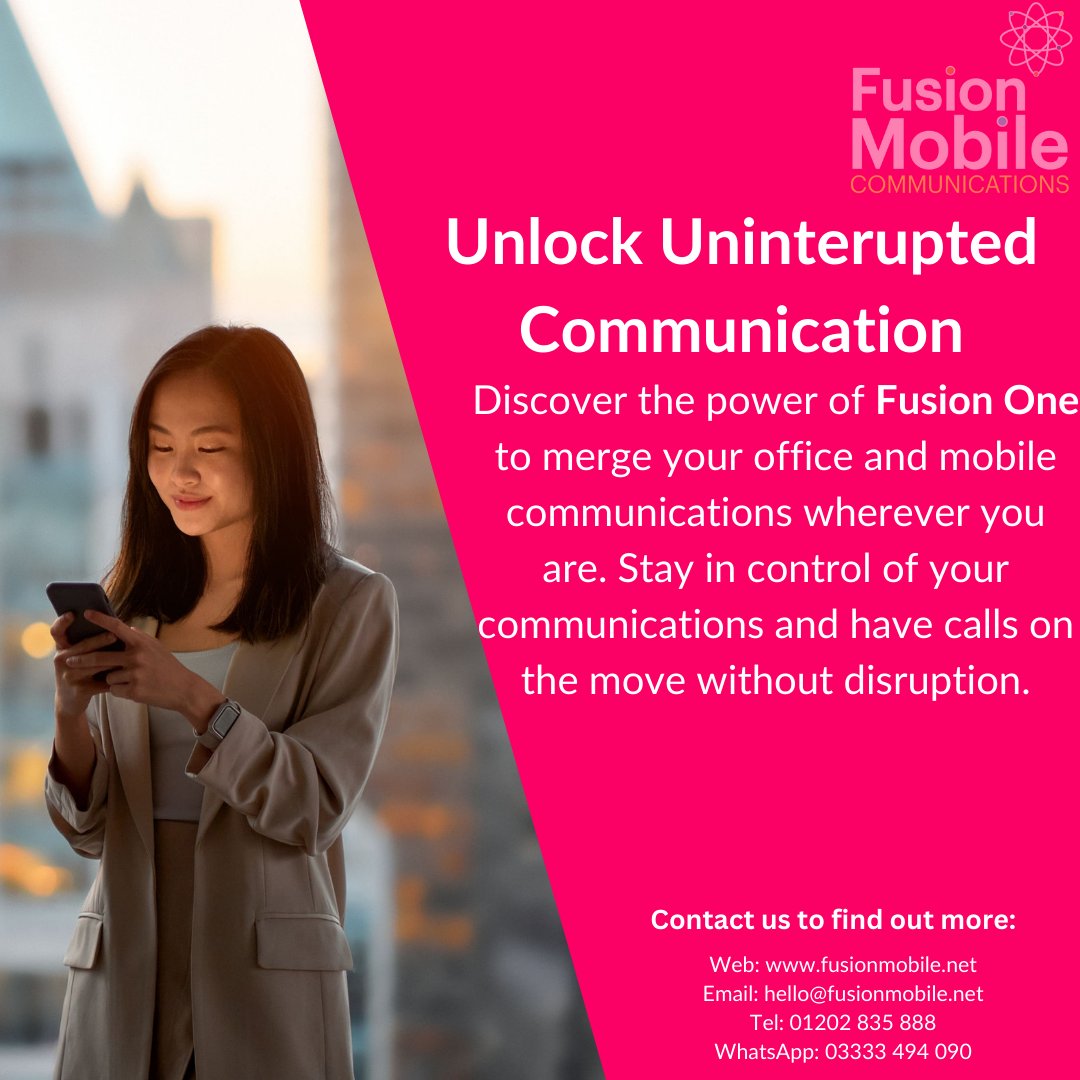FusionTelecoms's tweet photo. Stay connected seamlessly with Fusion One’s call switching between office and mobile phones. Enhance your reach, productivity, and flexibility. Contact us today to learn more. #fusionmobilecommunications #fusionmobile #fusionone #businessconnectivity #businesssolutions https://t.co/7xdjCMbbZd