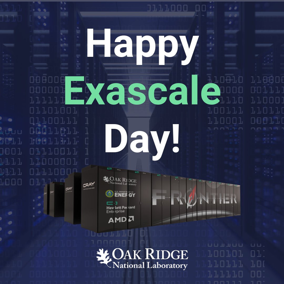 OLCFGOV's tweet image. Happy #ExascaleDay!
🚀✨Today we celebrate the incredible power of #exascalecomputing, capable of performing more than 10^18 calculations per second!
@ORNL's Frontier is the first machine to reach #exascale, performing a mind-blowing quintillion calculations every second. 💫