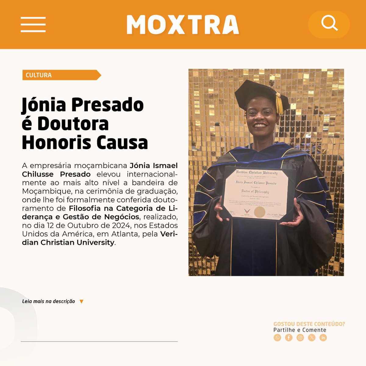 Moxtra_'s tweet photo. JÓNIA PRESADO É DOUTORA HONORIS CAUSA

A recente doutora "Honoris Causa" é uma das 100 Personalidades Negras mais influentes dos Países Lusófonos, já recebeu, entre muitas outras distinções nacionais e internacionais.
#moxtra #doutorhonoriscausa #VeridianChristianUniversity https://t.co/1USmsmMZsb