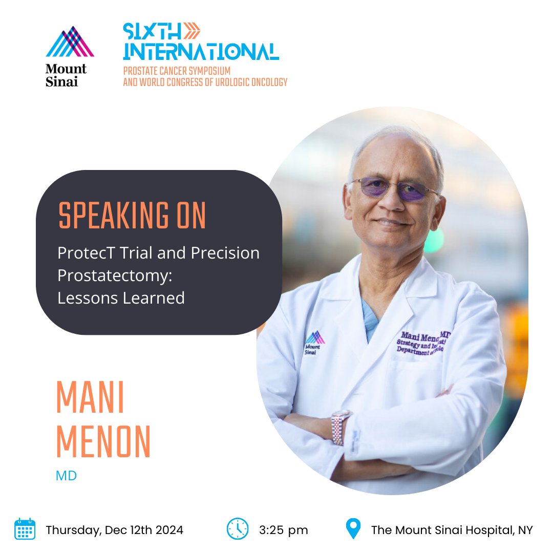 Mount Sinai Department of Urology (@mountsinaiuro) on Twitter photo Join <a href="/MMenonMD/">Mani Menon</a> on Thursday, Dec 12 at 3:25 pm at the Prostate Cancer Symposium for a key session on the ProtecT Trial and Precision Prostatectomy.
Learn valuable lessons from a leading expert in prostate cancer surgery.
Register now: mountsinaiurologycme.com
<a href="/nycrobotics/">Ash Tewari, MD</a> Join <a href="/MMenonMD/">Mani Menon</a> on Thursday, Dec 12 at 3:25 pm at the Prostate Cancer Symposium for a key session on the ProtecT Trial and Precision Prostatectomy.
Learn valuable lessons from a leading expert in prostate cancer surgery.
Register now: mountsinaiurologycme.com
<a href="/nycrobotics/">Ash Tewari, MD</a>
