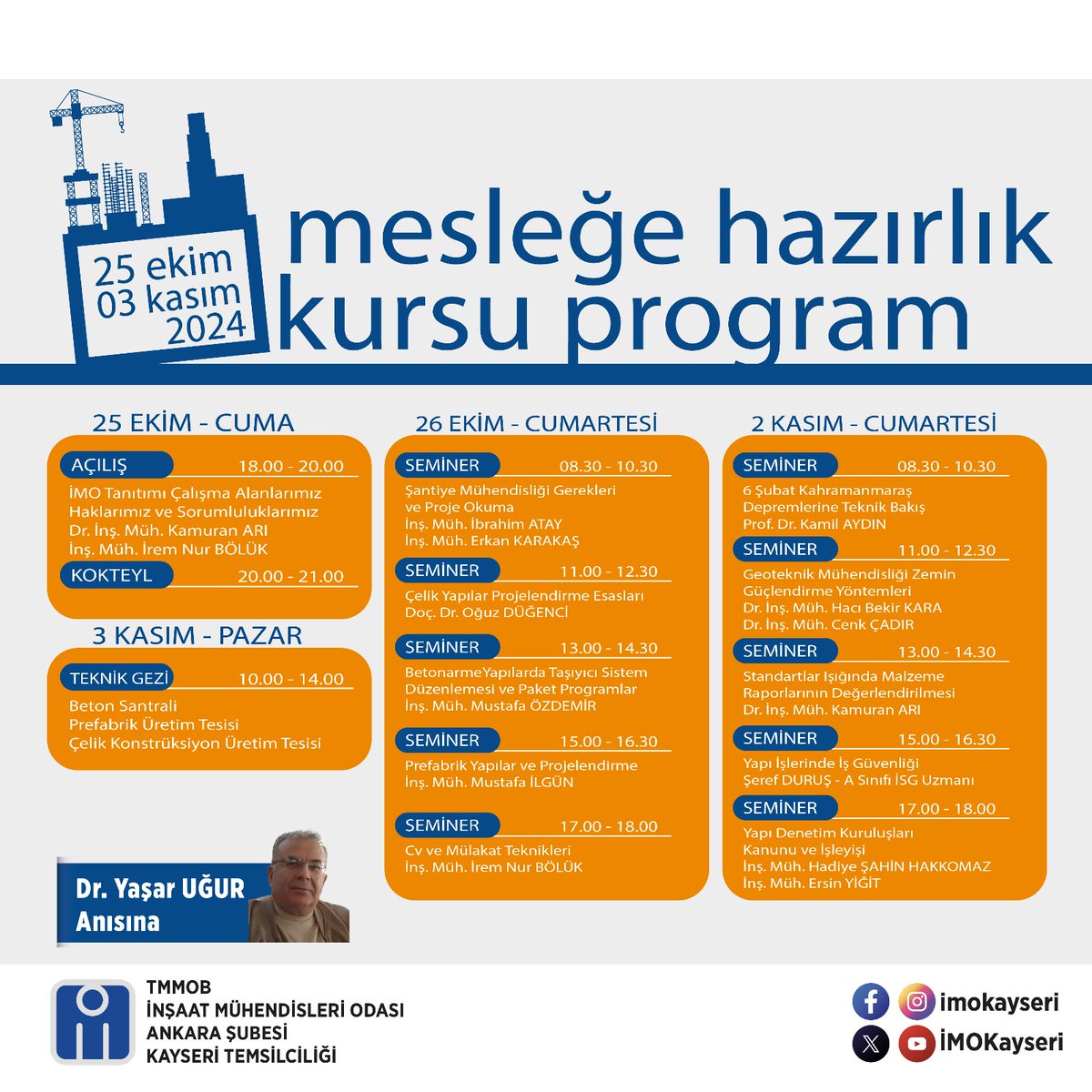 2021 ve sonrası mezun olan üyelerimize ve Genç-İMO üyelerine yönelik düzenlediğimiz Mesleğe Hazırlık Kursu 25 Ekim-3 Kasım 2024 tarihleri arasında gerçekleşecektir. Katılım belgesi düzenlenecektir. Detaylı bilgi için 0352 222 45 93 Kayıt için tıklayınız:forms.gle/tx6XCetThaDdYN…