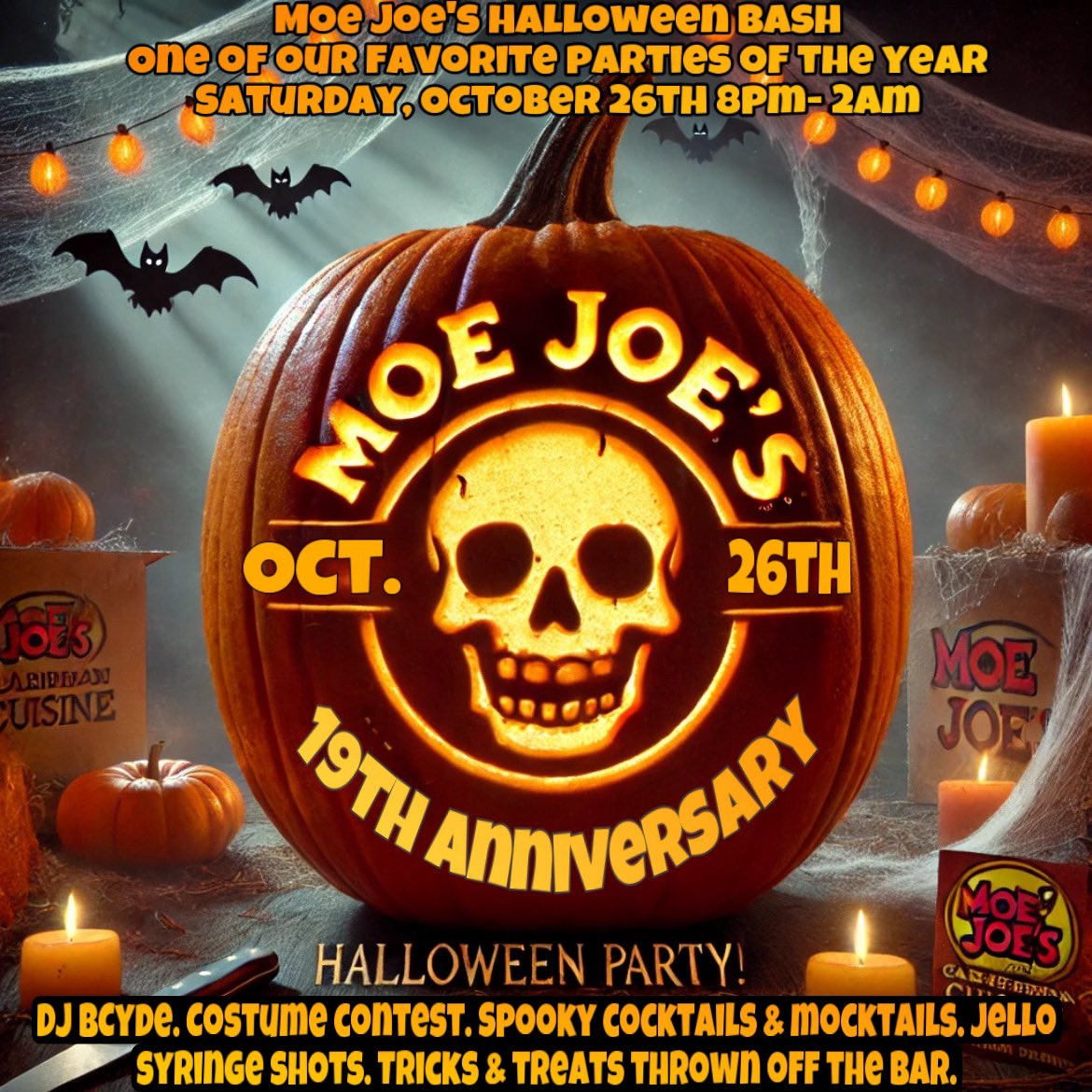 moejoes's tweet photo. It’s coooooming!!!! One of our FaVoRiTe parties of the year!!! Moe Joe’s 19th Anniversary Halloween Bash 👻 our building’s ghosts get really excited about this one &amp; we have Dj B-Cyde spinning live! 🧡 https://t.co/TpsEUMKPcs