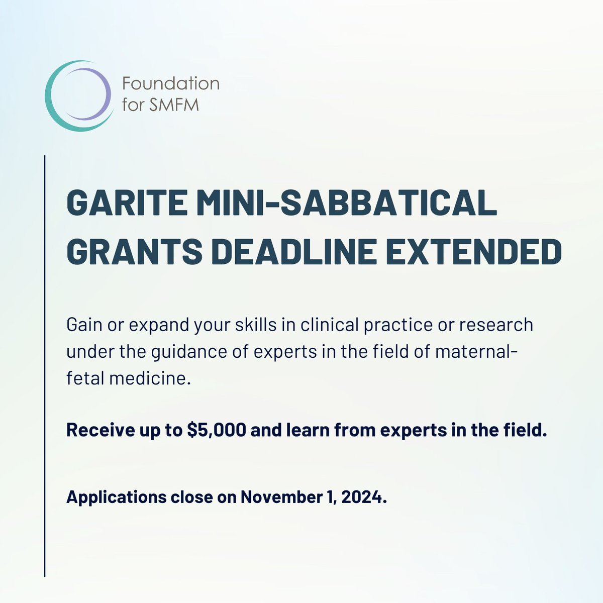 The deadline to apply for Garite Mini-Sabbatical Grants has been extended to November 1. Whether you are just starting your career in #MFM or are an experienced practitioner, this program will help you expand your clinical and research skills. Apply now at app.smarterselect.com/programs/96395…