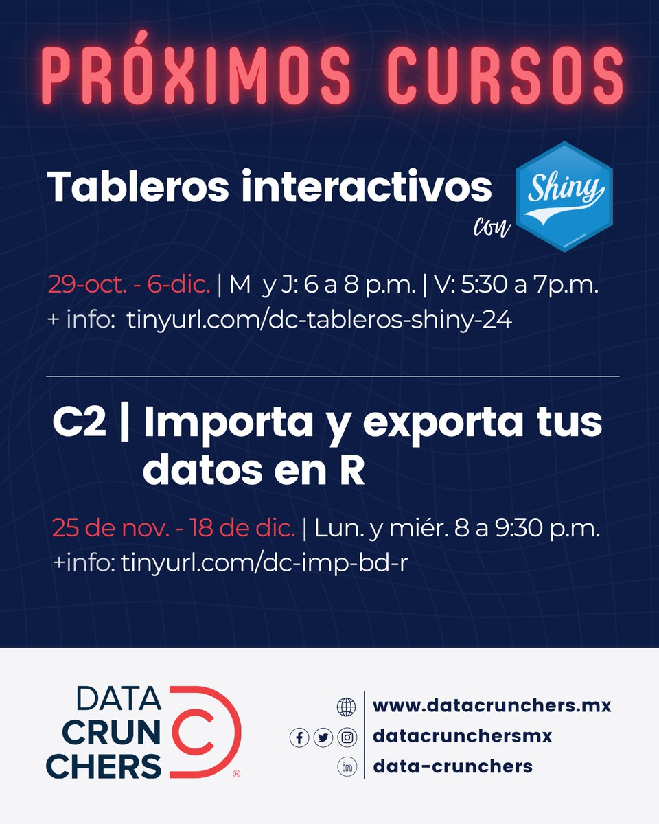 DataCrunchersMx's tweet photo. ¡Cierra el 2024 llevando tus habilidades en R al siguiente nivel!

Estos son los últimos 2⃣ cursos que ofreceremos en lo que resta del año 🔥:

- Tableros interactivos con {shiny}: Crea dashboards dinámicos y visualizaciones interactivas como un pro.

- Importa y exporta tus datos en R: Aprende a "subir" y "bajar" tus datos desde y hacia R

Échale un ojo a la página de cada uno para conocer los detalles, incluyendo la posibilidad de inscribirte con descuento 💡 y pagar a MSI.

🔗 Revisa los detalles y asegura tu lugar antes de que se acaben: https://t.co/L2xQfHDWrj

#rstats #rparamortales