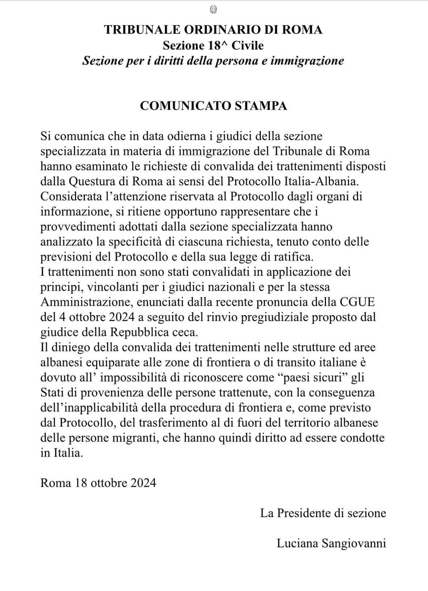 jpurias's tweet photo. El Tribunal de Roma acaba de decidir que no convalida el envío de inmigrantes a Albania y ordena que sean devueltos a Italia.
Un golpe para Meloni, pero también para von der Leyen que la apoyó.
El Tribunal, además, invoca la sentencia de TJUE sobre qué son "países seguros". https://t.co/ebnJaJUaxl