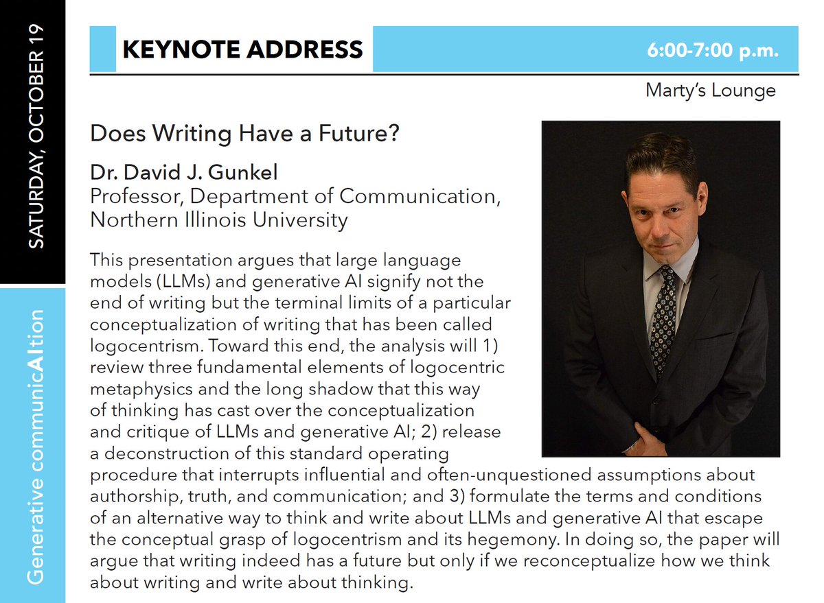 David_Gunkel's tweet photo. Does Writing Have a Future?
Presenting material from the new @routledgebooks "AI for Communication" book during  the keynote address at the NY State Communication Association conference. https://t.co/HQUTzDDtr8 https://t.co/XaftbqpjyY