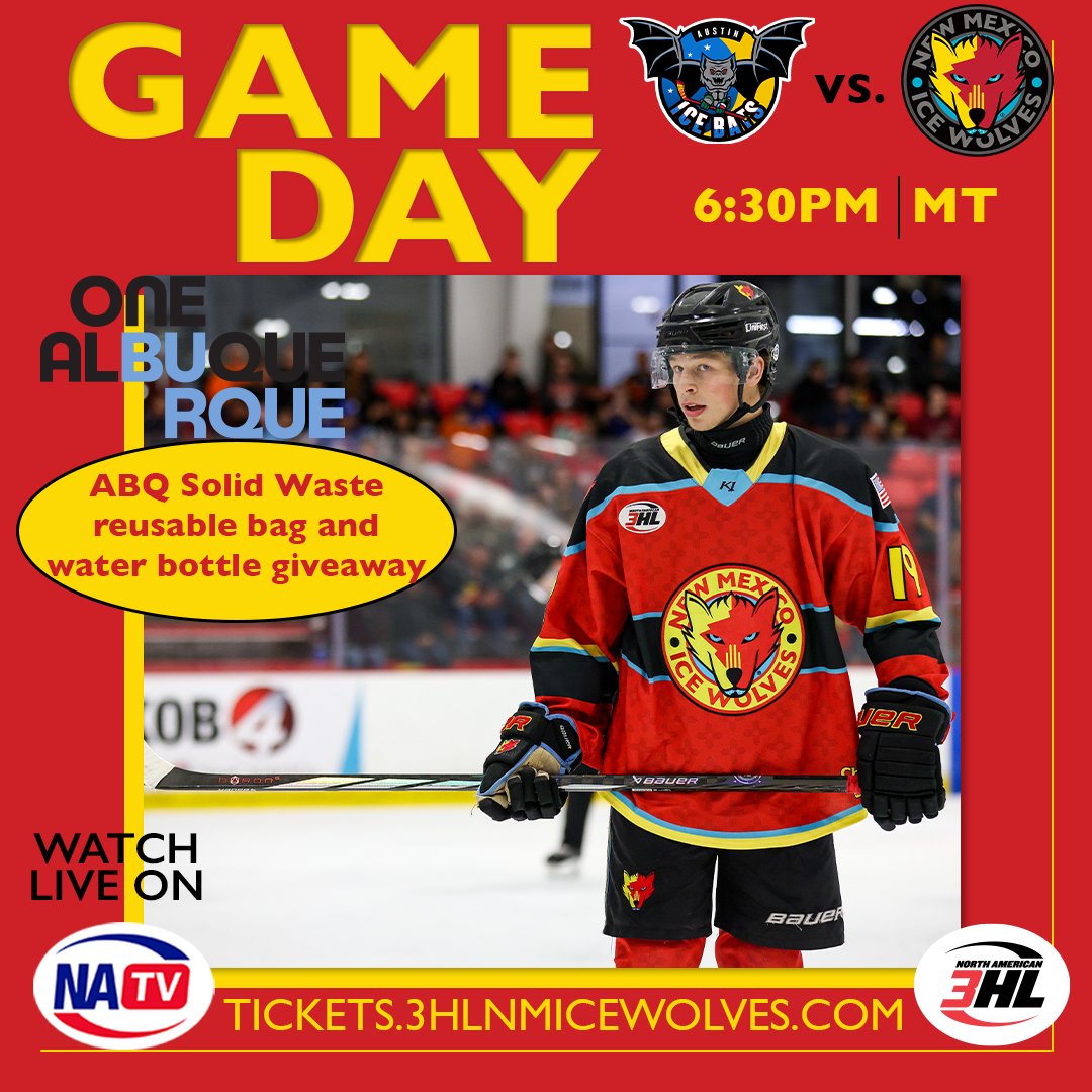 nmicewolves3hl's tweet photo. It's game day! We play the Austin Ice Bats tonight at 6:30 p.m. MT. It's also a giveaway, get your ABQ Solid Waste reusable bag and water bottle tonight and do your part to make Albuquerque green ♻️

Tickets still available at https://t.co/Qvklnit0QM 🎟 https://t.co/q3jDC5WDoq